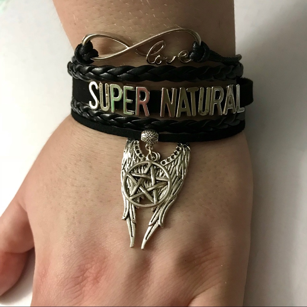 Love Supernatural Black Leather And Charm Bracelet